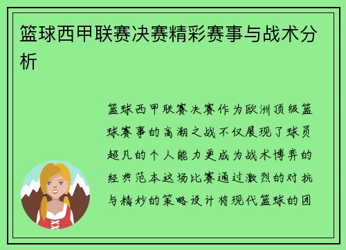 篮球西甲联赛决赛精彩赛事与战术分析