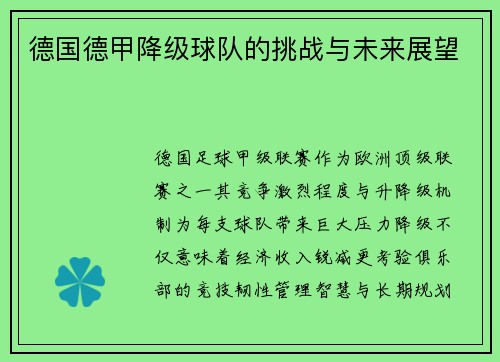 德国德甲降级球队的挑战与未来展望